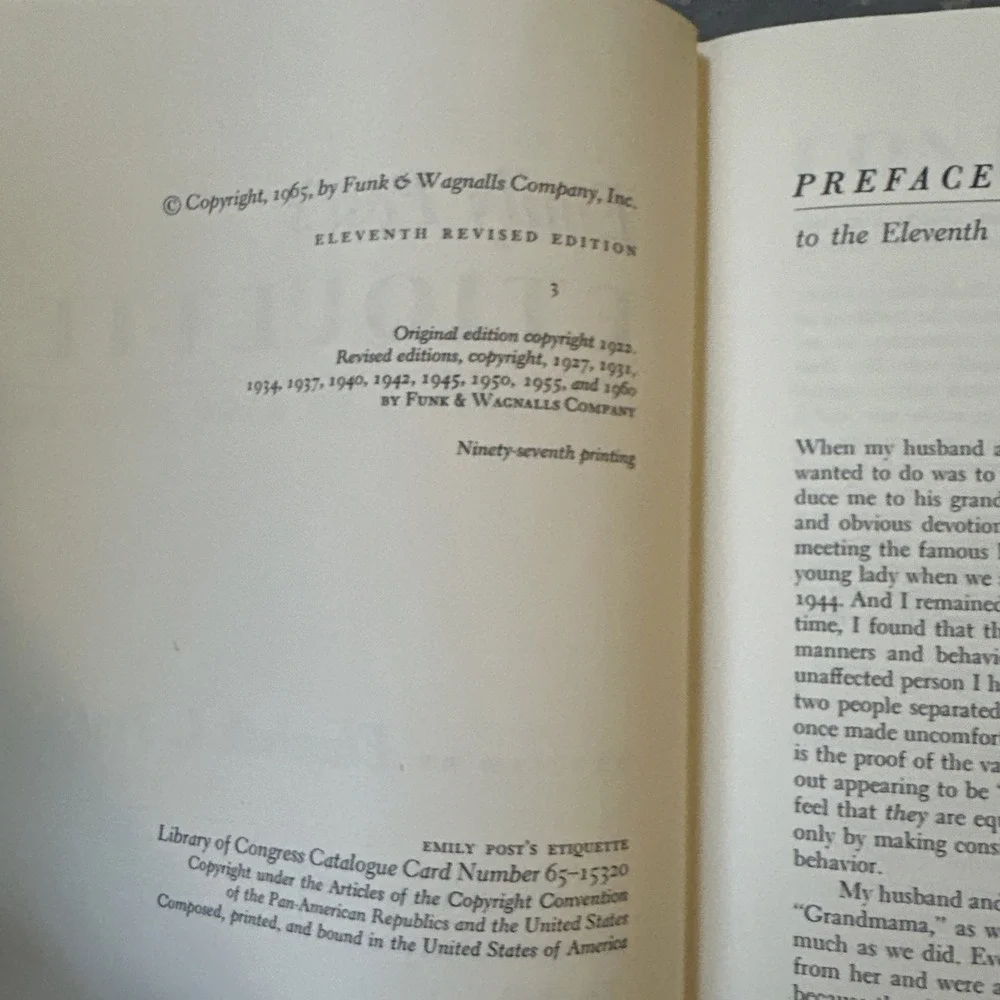 Emily‎ Post's Etiquette 1965 11th Edition Funk & Wagnall Hardcover VINTAGE